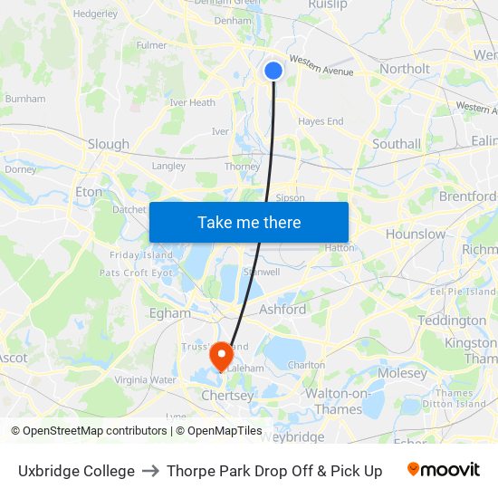 Uxbridge College to Thorpe Park Drop Off & Pick Up map