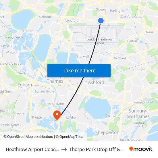 Heathrow Airport Coach Park to Thorpe Park Drop Off & Pick Up map