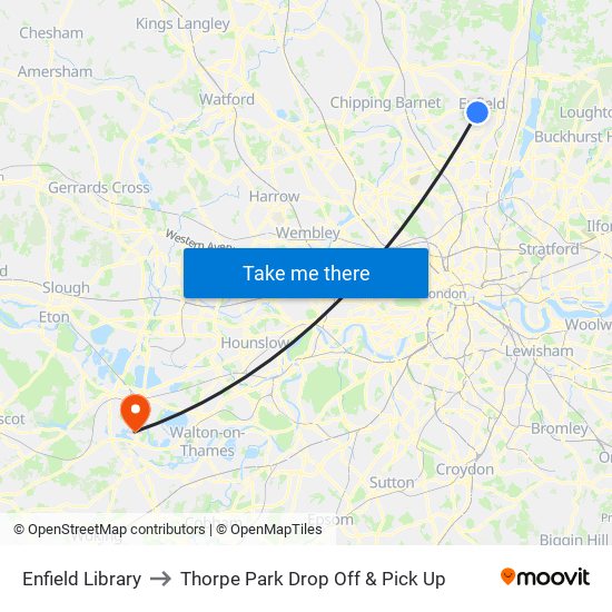 Enfield Library to Thorpe Park Drop Off & Pick Up map