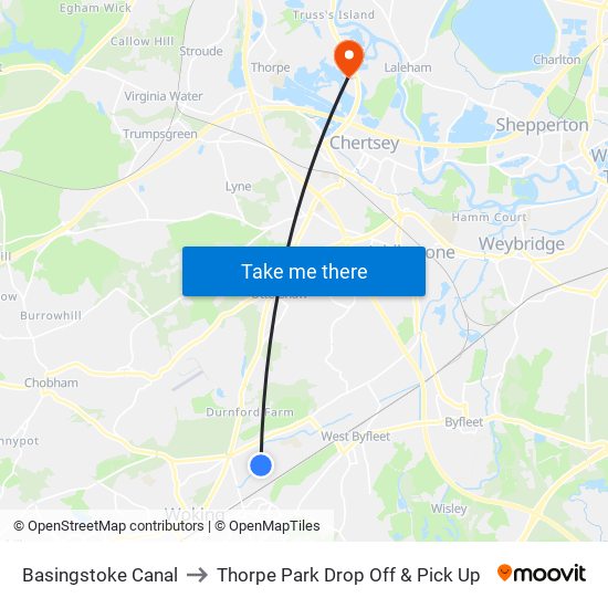 Basingstoke Canal to Thorpe Park Drop Off & Pick Up map