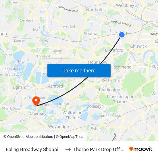 Ealing Broadway Shopping Centre to Thorpe Park Drop Off & Pick Up map