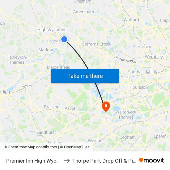 Premier Inn High Wycombe to Thorpe Park Drop Off & Pick Up map