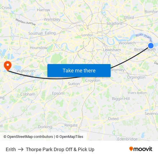 Erith to Thorpe Park Drop Off & Pick Up map