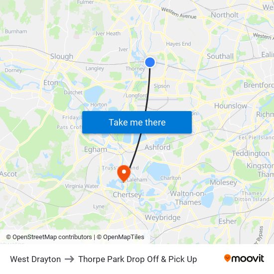 West Drayton to Thorpe Park Drop Off & Pick Up map