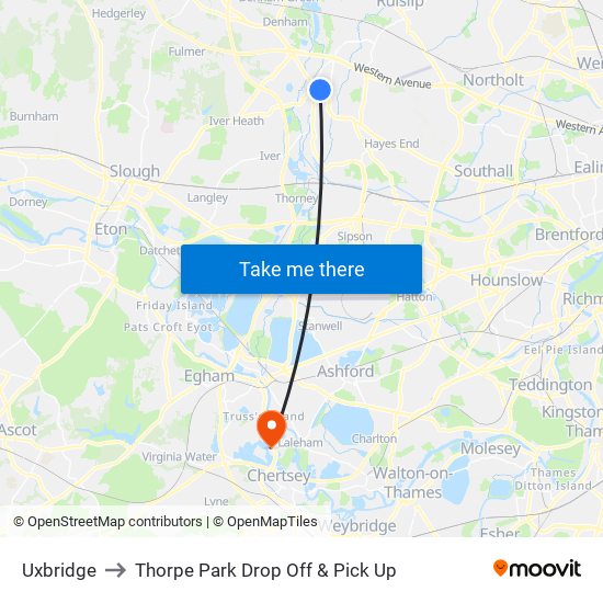 Uxbridge to Thorpe Park Drop Off & Pick Up map