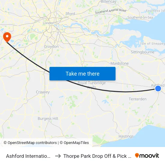 Ashford International to Thorpe Park Drop Off & Pick Up map