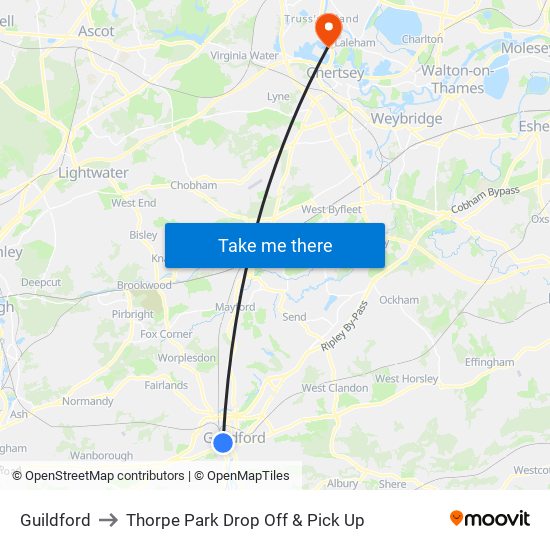 Guildford to Thorpe Park Drop Off & Pick Up map