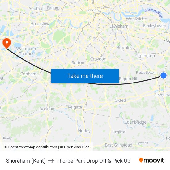 Shoreham (Kent) to Thorpe Park Drop Off & Pick Up map