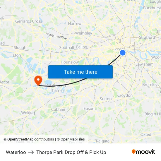 Waterloo to Thorpe Park Drop Off & Pick Up map
