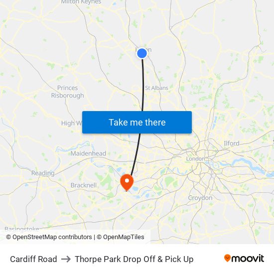 Cardiff Road to Thorpe Park Drop Off & Pick Up map