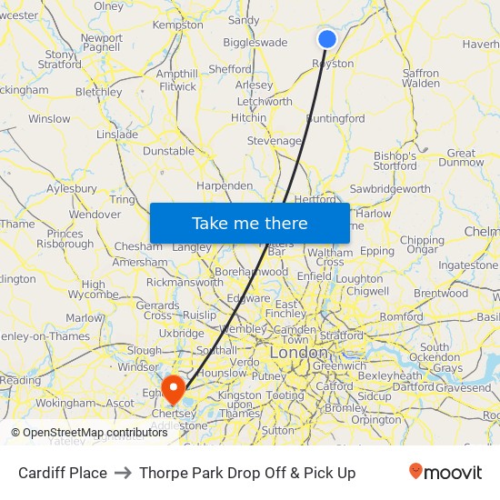 Cardiff Place to Thorpe Park Drop Off & Pick Up map