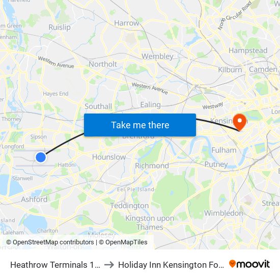 Heathrow Terminals 1,2,3 to Holiday Inn Kensington Forum map