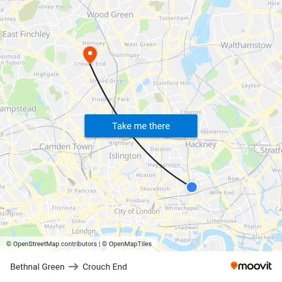 Bethnal Green to Crouch End map