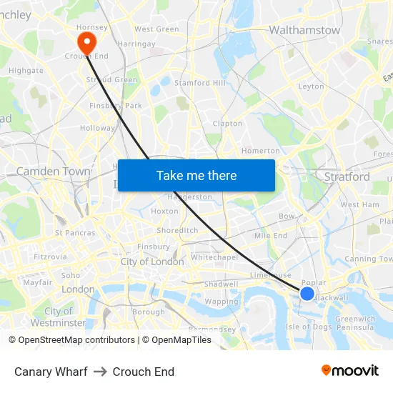 Canary Wharf to Crouch End map