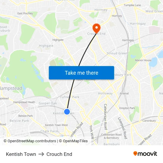 Kentish Town to Crouch End map