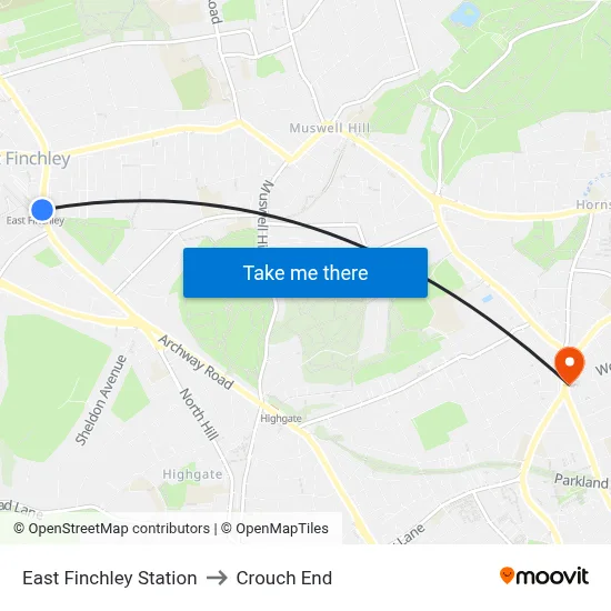 East Finchley Station to Crouch End map