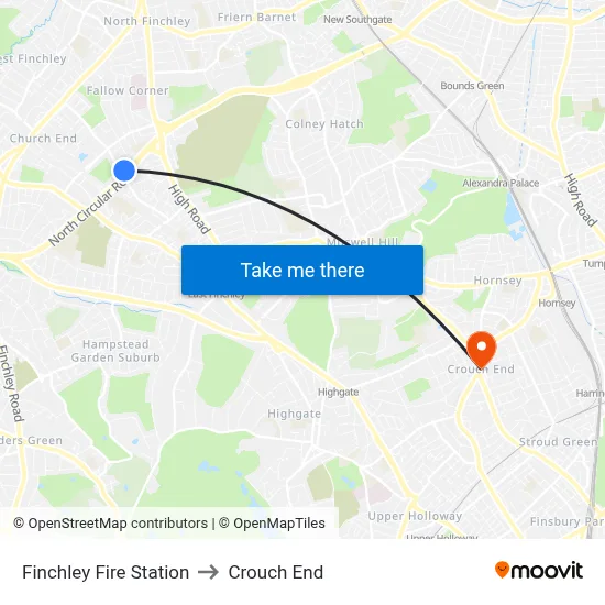 Finchley Fire Station to Crouch End map