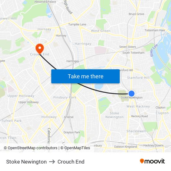 Stoke Newington to Crouch End map