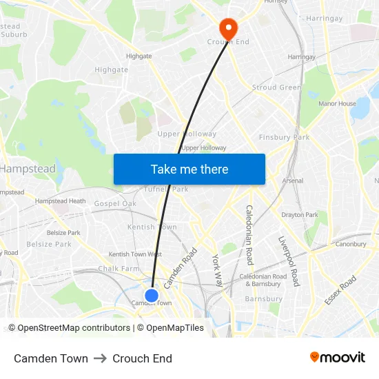 Camden Town to Crouch End map