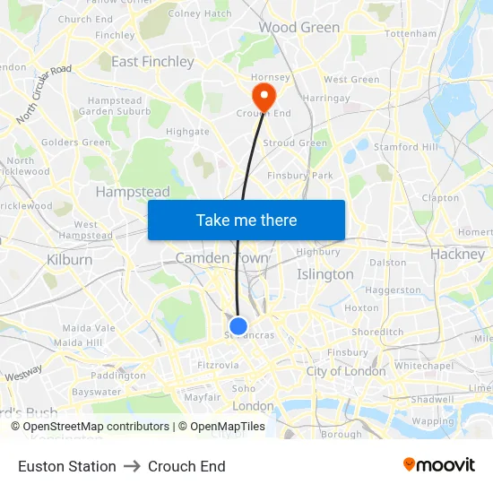 Euston Station to Crouch End map