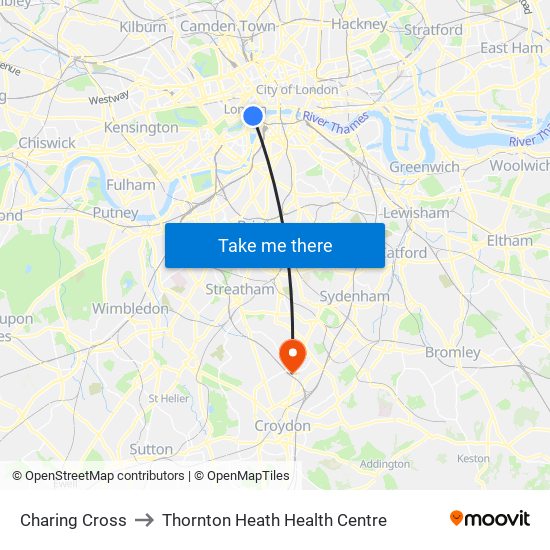 Charing Cross to Thornton Heath Health Centre map