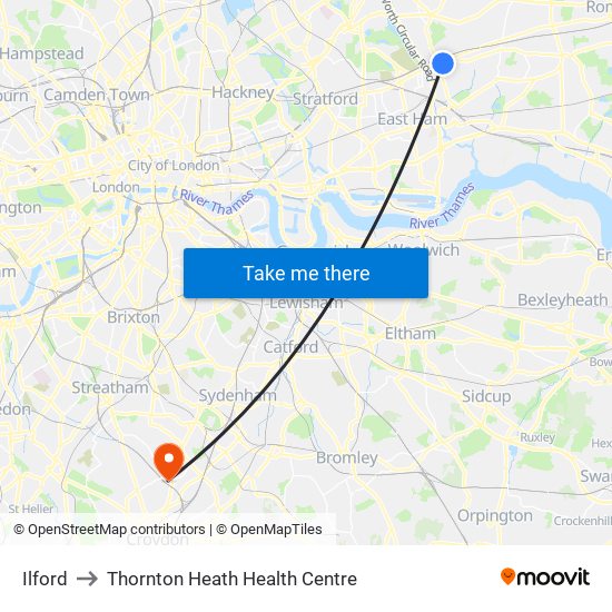 Ilford to Thornton Heath Health Centre map