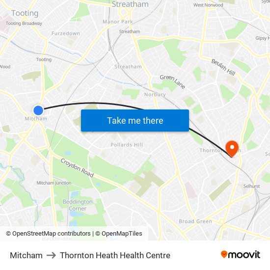 Mitcham to Thornton Heath Health Centre map