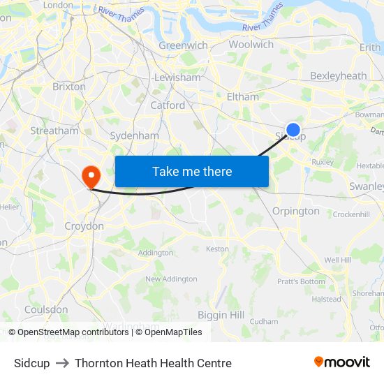 Sidcup to Thornton Heath Health Centre map