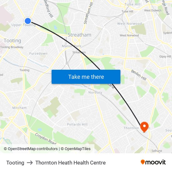 Tooting to Thornton Heath Health Centre map