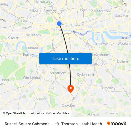 Russell Square Cabmen's Shelter to Thornton Heath Health Centre map