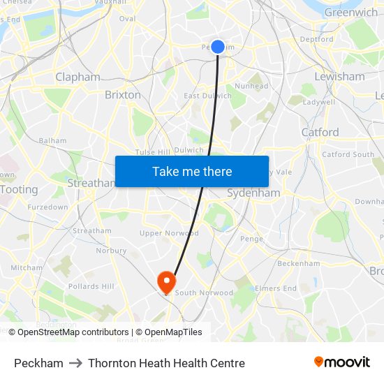 Peckham to Thornton Heath Health Centre map