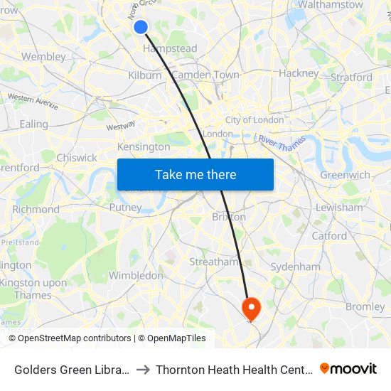 Golders Green Library to Thornton Heath Health Centre map