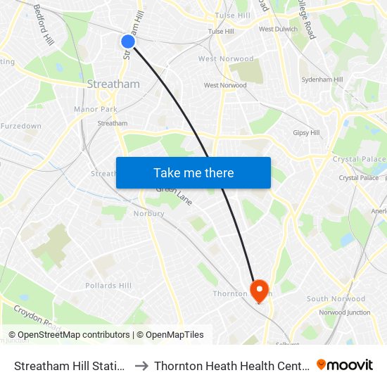 Streatham Hill Station to Thornton Heath Health Centre map