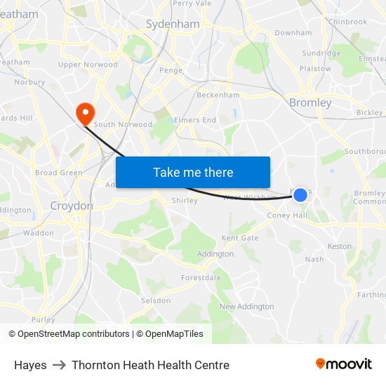 Hayes to Thornton Heath Health Centre map