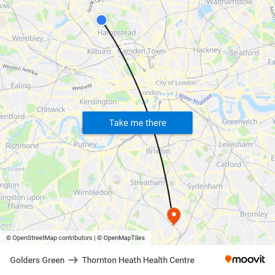 Golders Green to Thornton Heath Health Centre map
