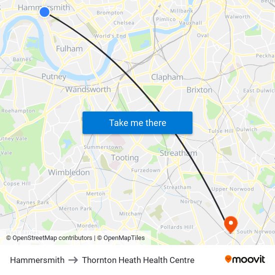 Hammersmith to Thornton Heath Health Centre map
