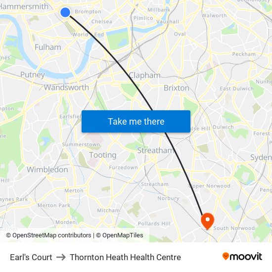 Earl's Court to Thornton Heath Health Centre map