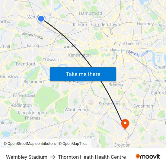 Wembley Stadium to Thornton Heath Health Centre map