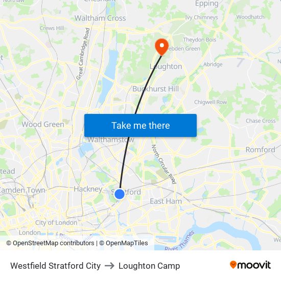 Westfield Stratford City to Loughton Camp map