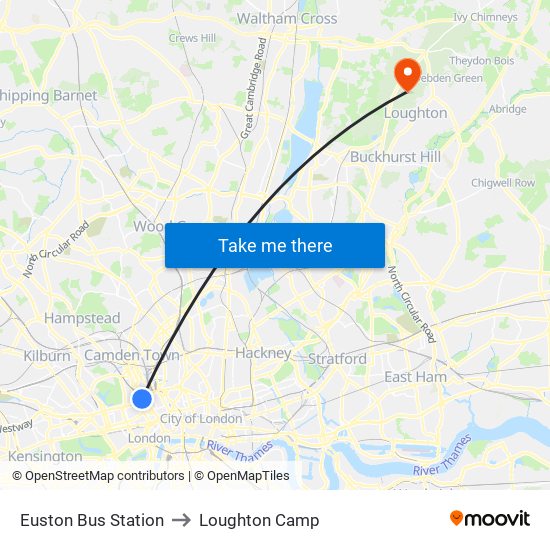 Euston Bus Station to Loughton Camp map