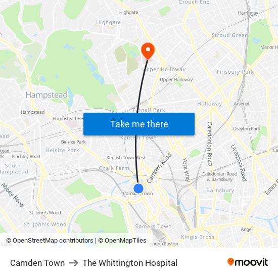 Camden Town to The Whittington Hospital map