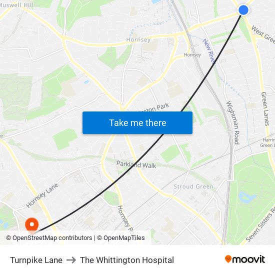 Turnpike Lane to The Whittington Hospital map