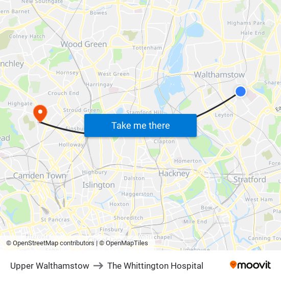 Upper Walthamstow to The Whittington Hospital map