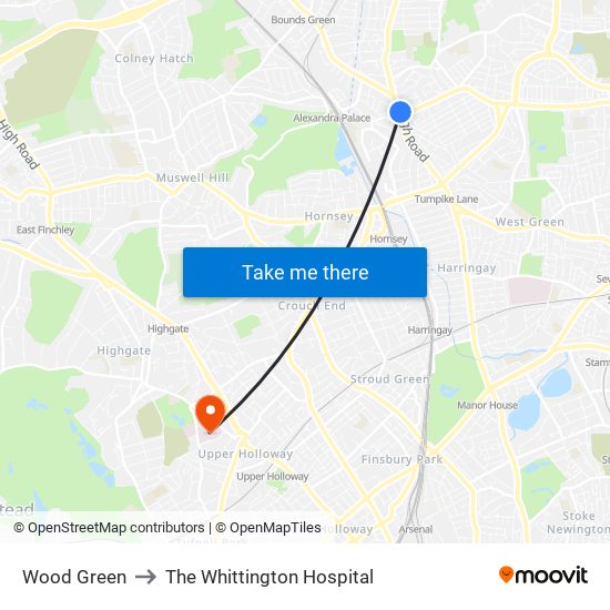 Wood Green to The Whittington Hospital map