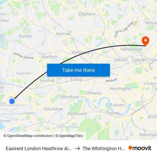 Easirent London Heathrow Airport Lhr to The Whittington Hospital map