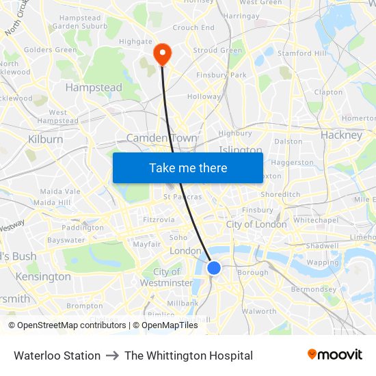Waterloo Station to The Whittington Hospital map