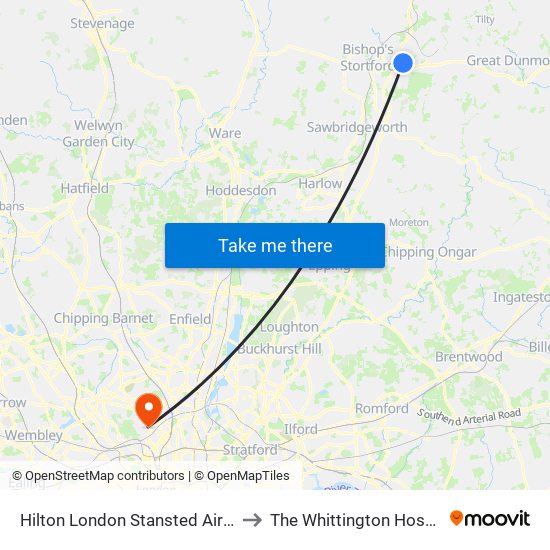 Hilton London Stansted Airport to The Whittington Hospital map
