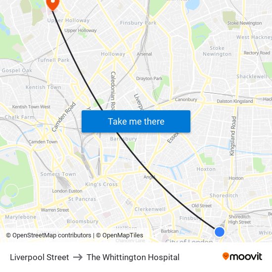 Liverpool Street to The Whittington Hospital map