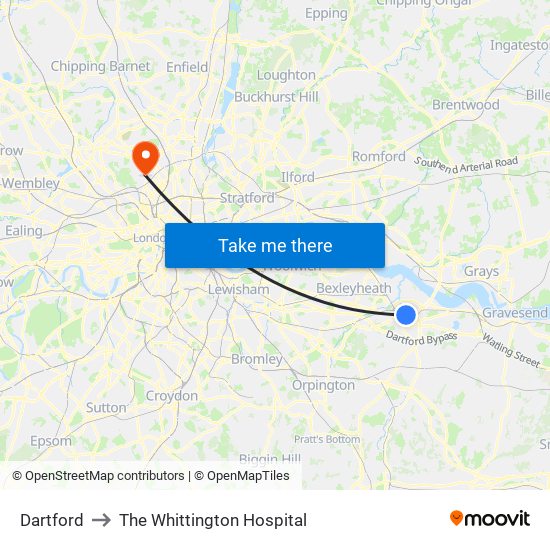 Dartford to The Whittington Hospital map