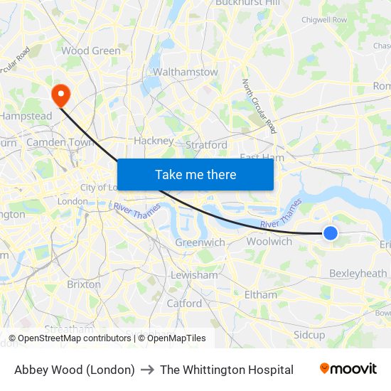 Abbey Wood (London) to The Whittington Hospital map